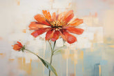 A canvas print of an orange lily flower displayed above a brown sofa in a room with decorative items and a large window.